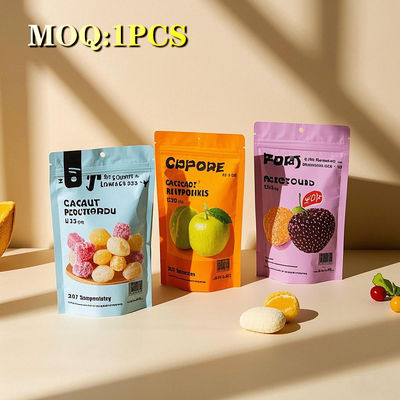 Hersteller Maßgeschneiderte gedruckte wiederverwendbare farbenfrohe Kunststoffverpackung Obst Snack Süßigkeiten Glanz aufstehender Mylar-Taschen mit Reißverschluss